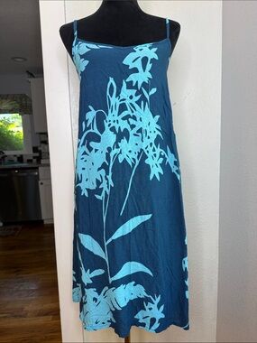 Hawaiian Rayon Tropical Slip Dress Blue Turquoise Y2K Resort Vacation Small
